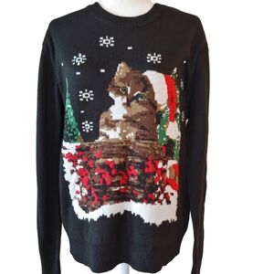 Christmas Festive Kitty Cat Women's Crew Neck Sweater Black Size Large